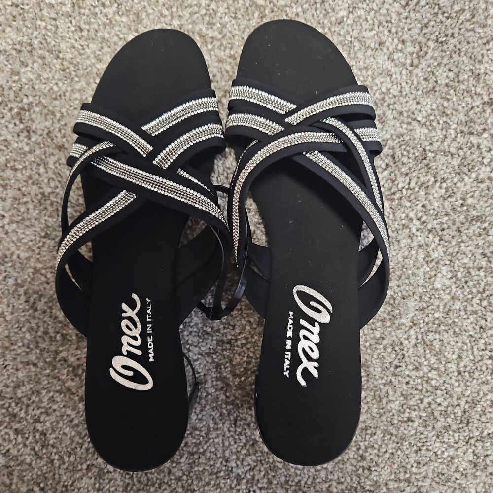 Onex Misha Sandals Block Heel Women's 11 Black Strap Chrystals Made In Italy